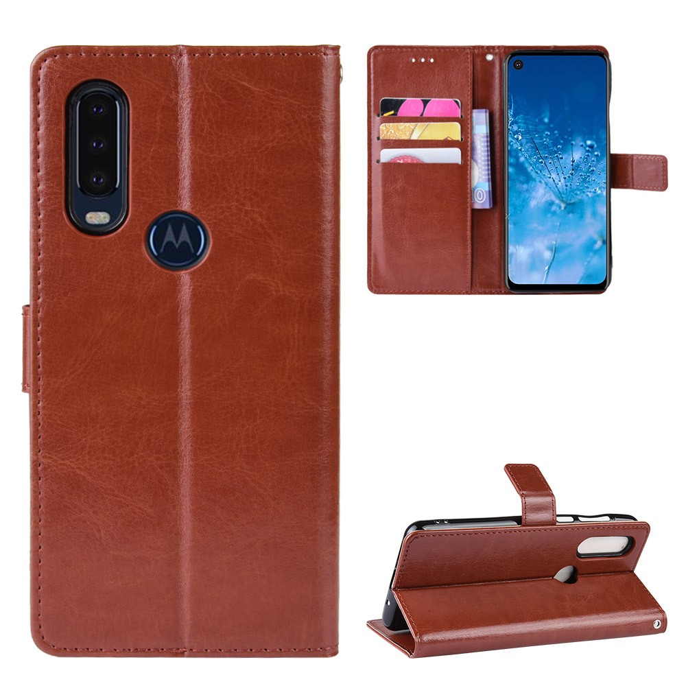 Crazy Horse Leather Stand Wallet Phone Shell for Motorola One Action - Brown-1