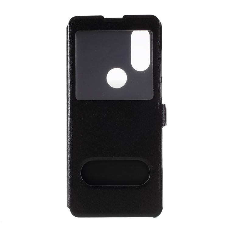 Janela Dupla Textura De Seda PU Capa De Telefone De Couro Estojo Protetor Para Motorola One Vision / Motorola P50 - Preto-1