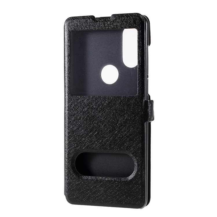 Janela Dupla Textura De Seda PU Capa De Telefone De Couro Estojo Protetor Para Motorola One Vision / Motorola P50 - Preto-4