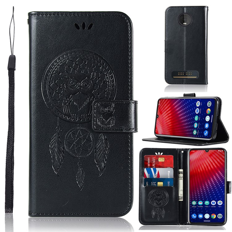 Imprint Dream Catcher Owl Leather Cover for Motorola Moto Z4 Play - Black-1