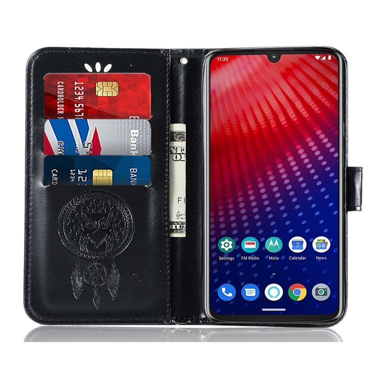 Imprint Dream Catcher Owl Leather Cover for Motorola Moto Z4 Play - Black-6