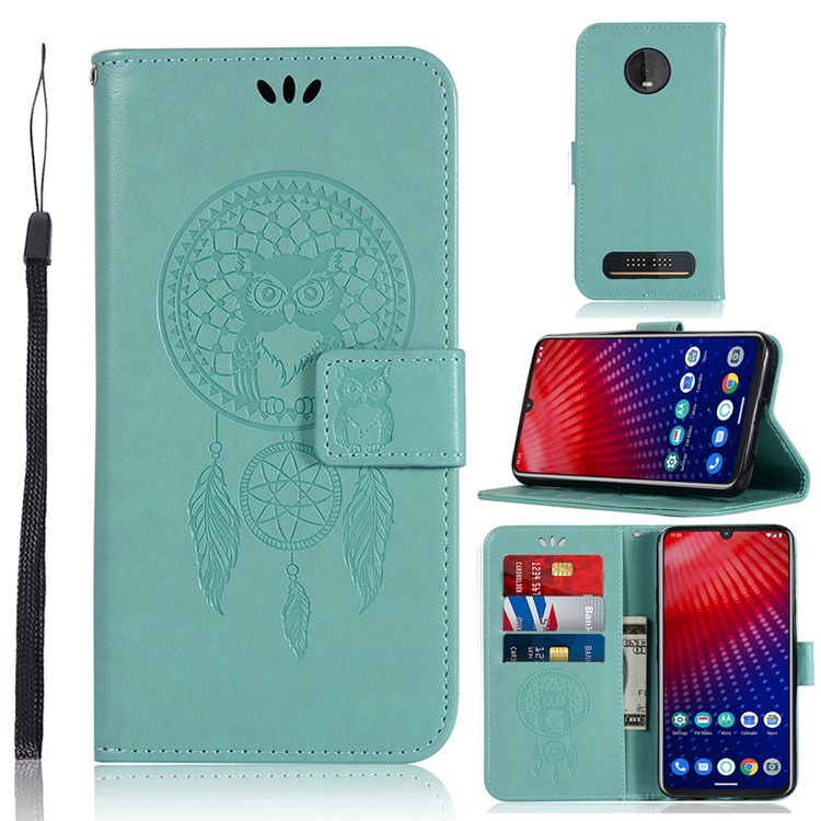 Imprint Dream Catcher Owl Leather Cover for Motorola Moto Z4 Play - Green-1