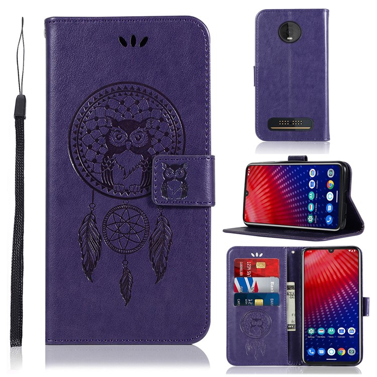 Imprint Dream Catcher Owl Leather Cover for Motorola Moto Z4 Play - Purple-1