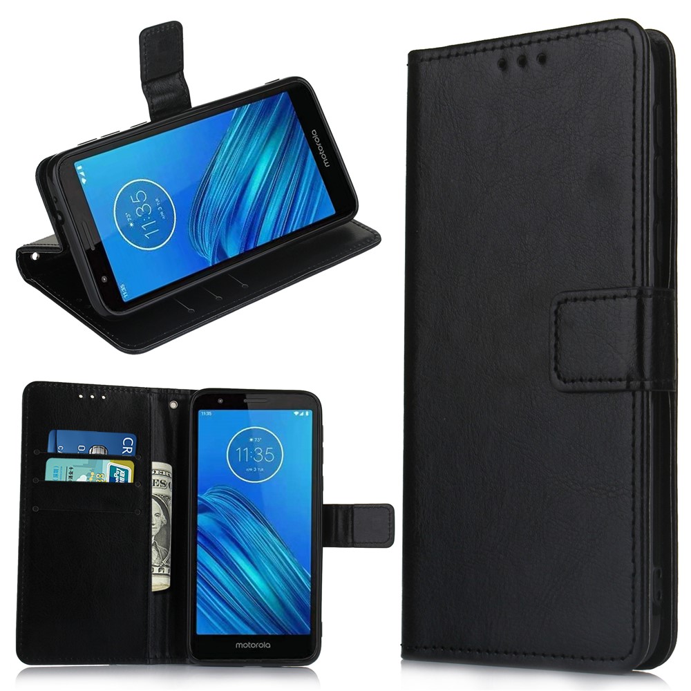 Crazy Horse Texture Leather Stand Phone Cover Wallet Case for Motorola Moto E6 - Black