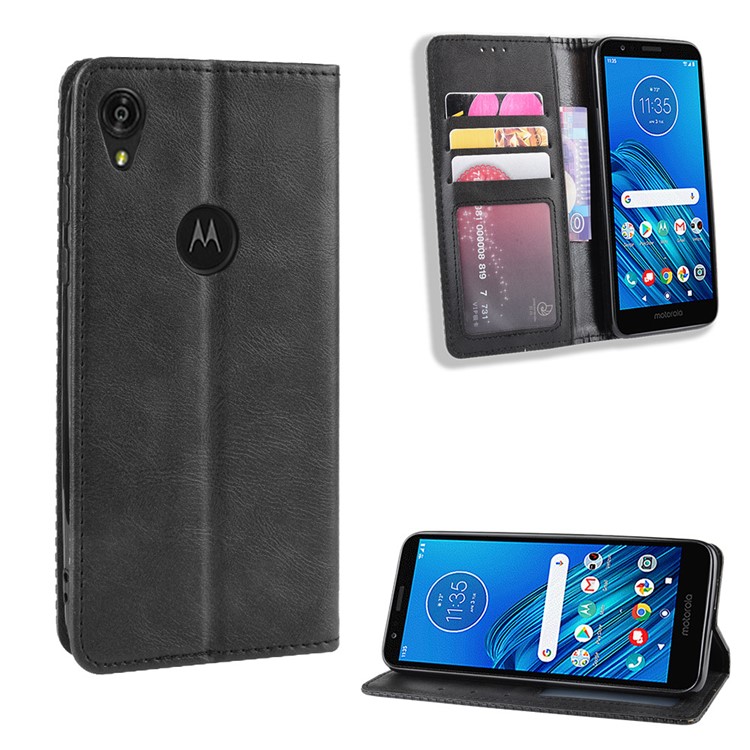 Retro Style Auto-absorbed Leather Phone Cover with Wallet Stand for Motorola Moto E6 - Black-1