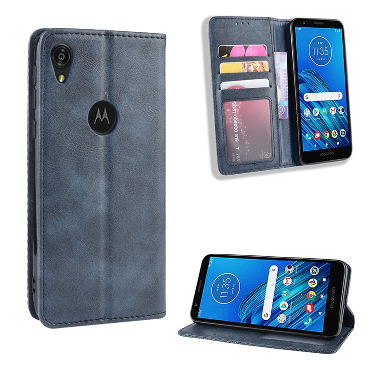 Retro Style Auto-absorbed Leather Phone Cover with Wallet Stand for Motorola Moto E6 - Blue-1