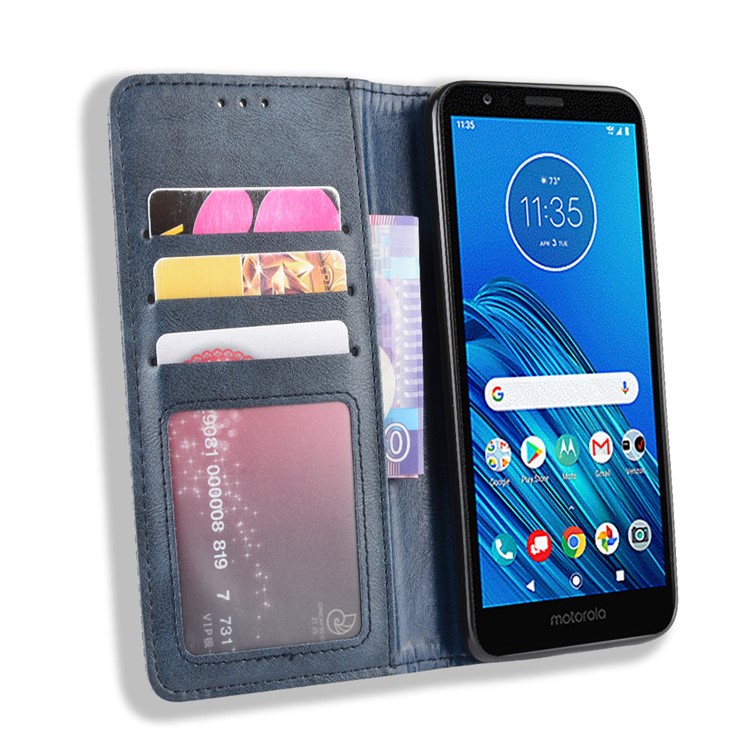 Retro Style Auto-absorbed Leather Phone Cover with Wallet Stand for Motorola Moto E6 - Blue-4