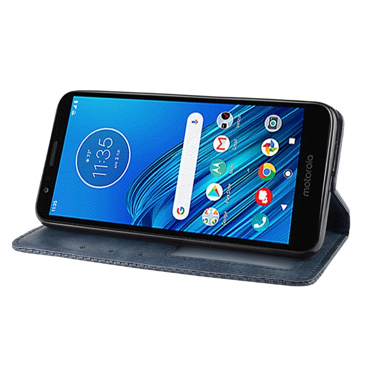 Retro Style Auto-absorbed Leather Phone Cover with Wallet Stand for Motorola Moto E6 - Blue-5