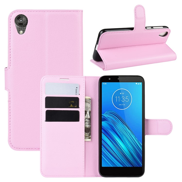 Litchi Skin Wallet Case Leather Stand Phone Shell for Motorola Moto E6 - Pink-1