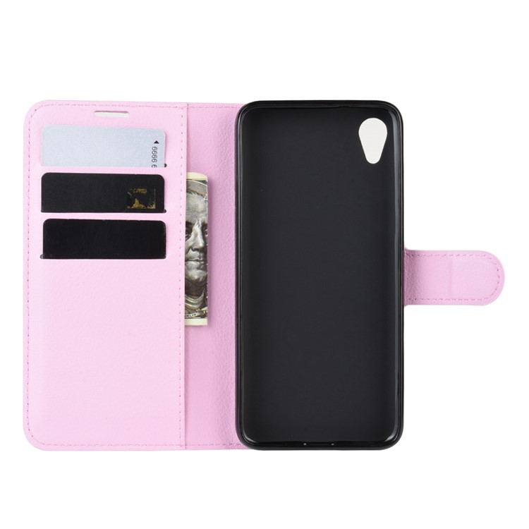 Litchi Skin Wallet Case Leather Stand Phone Shell for Motorola Moto E6 - Pink-3