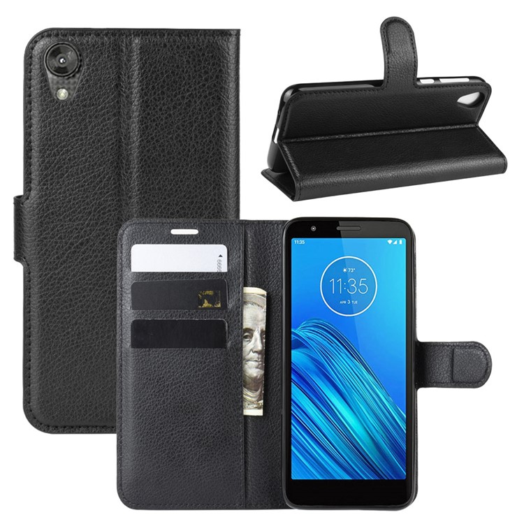 Lichia Pele Carteira Caso Suporte De Couro Shell Telefone Para Motorola Moto E6 - Preto-1