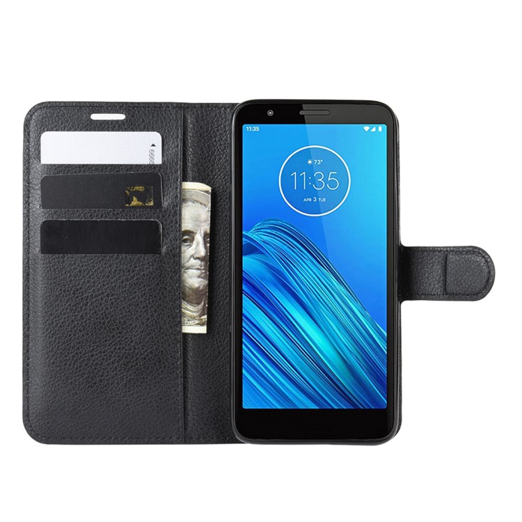Lichia Pele Carteira Caso Suporte De Couro Shell Telefone Para Motorola Moto E6 - Preto-4