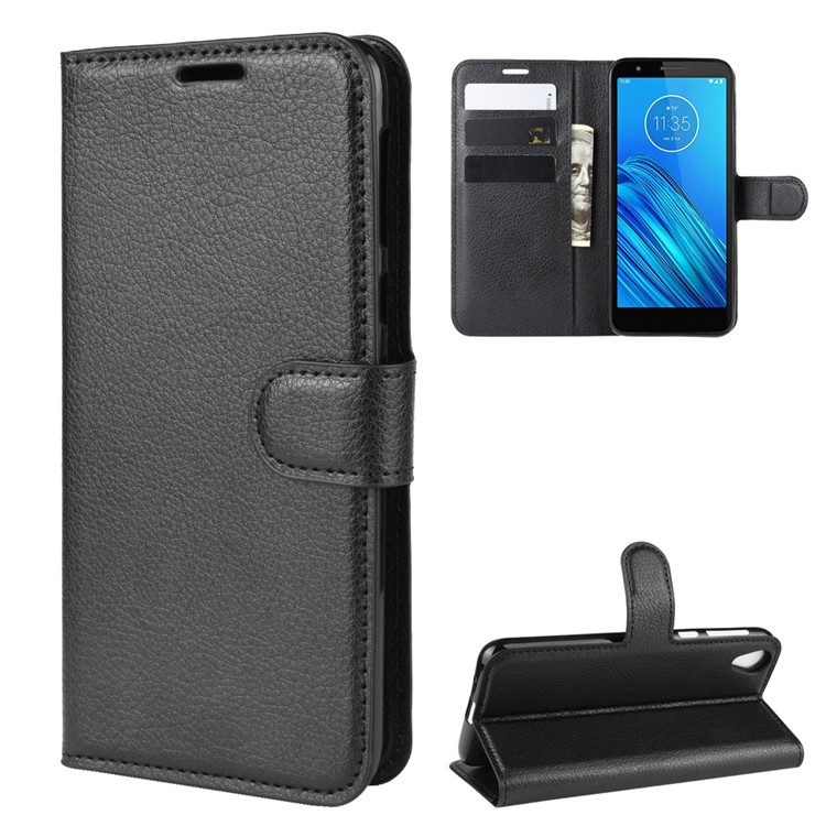 Lichia Pele Carteira Caso Suporte De Couro Shell Telefone Para Motorola Moto E6 - Preto-7