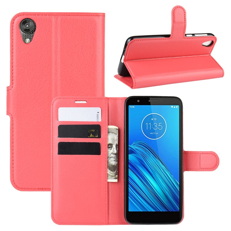 Litchi Skin Wallet Case Leather Stand Phone Shell for Motorola Moto E6 - Red-1