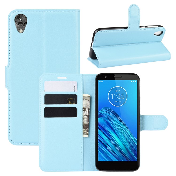 Litchi Skin Wallet Case Leather Stand Phone Shell for Motorola Moto E6 - Blue-1
