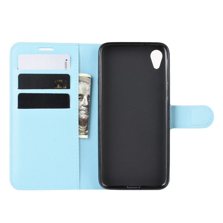 Litchi Skin Wallet Case Leather Stand Phone Shell for Motorola Moto E6 - Blue-3
