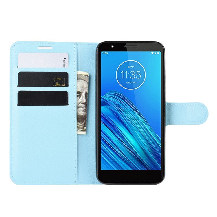 Litchi Skin Wallet Case Leather Stand Phone Shell for Motorola Moto E6 - Blue-4