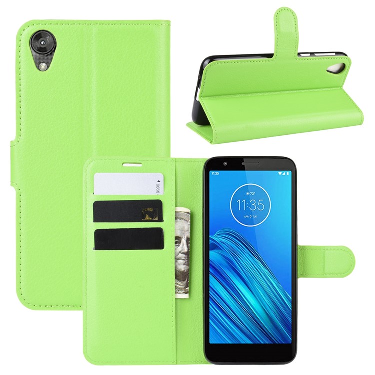 Litchi Skin Wallet Case Leather Stand Phone Shell for Motorola Moto E6 - Green-1