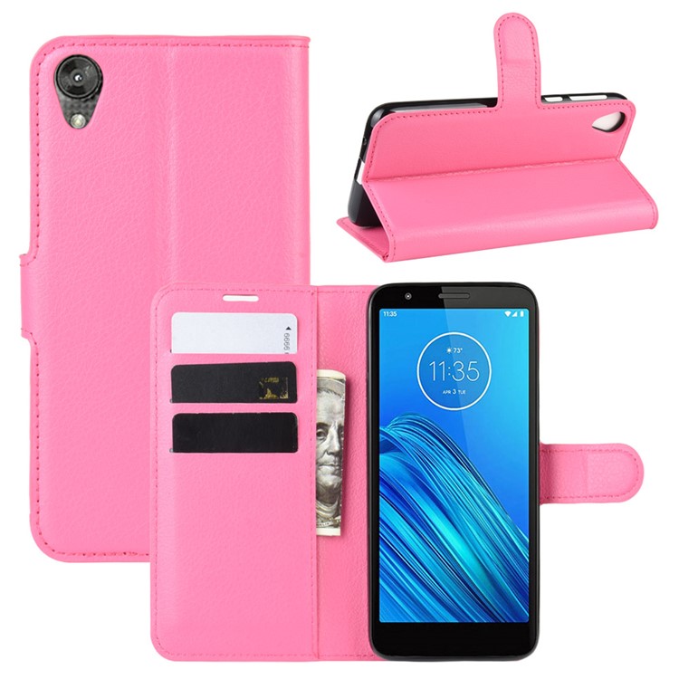 Litchi Skin Wallet Case Leather Stand Phone Shell for Motorola Moto E6 - Rose-1