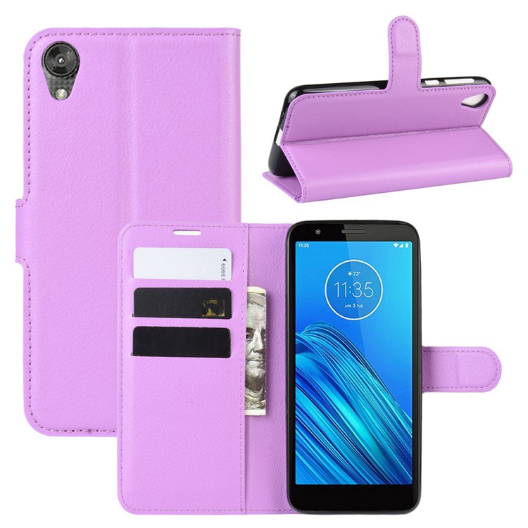 Litchi Skin Wallet Case Leather Stand Phone Shell for Motorola Moto E6 - Purple-1