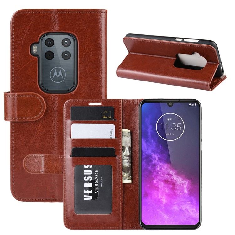Crazy Horse Wallet Leather Stand Case for Motorola One Zoom - Brown-2