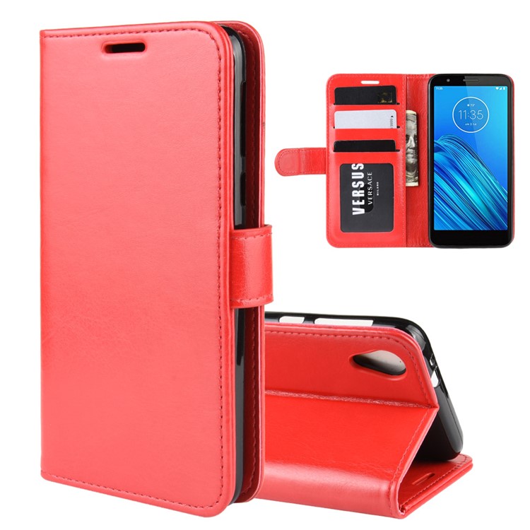 Crazy Horse Leather Wallet Case for Motorola Moto E6 - Red-1