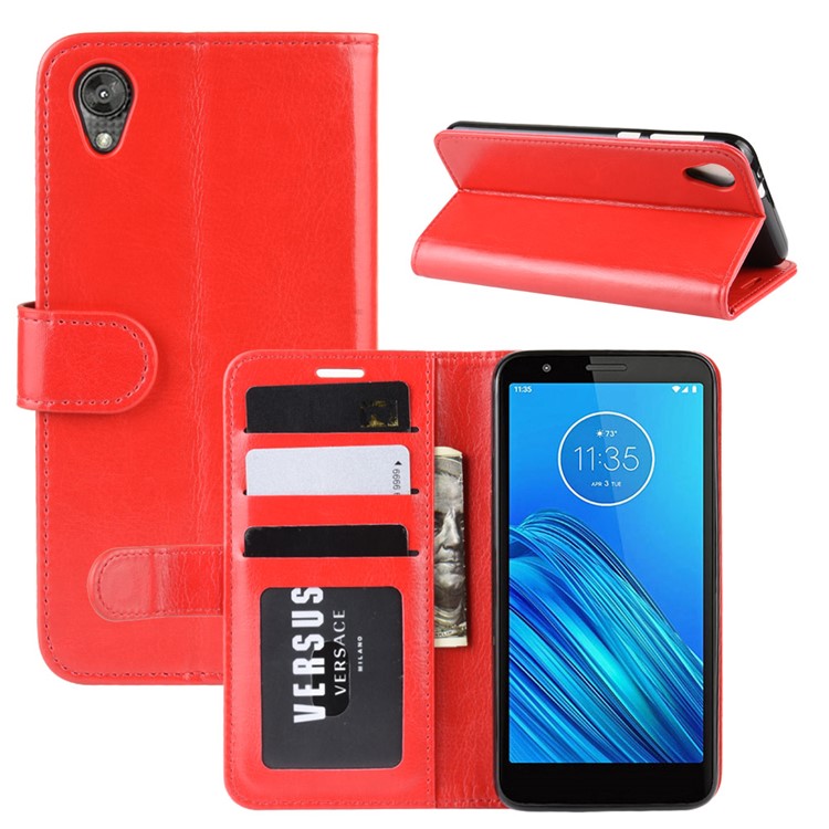Crazy Horse Leather Wallet Case for Motorola Moto E6 - Red-2