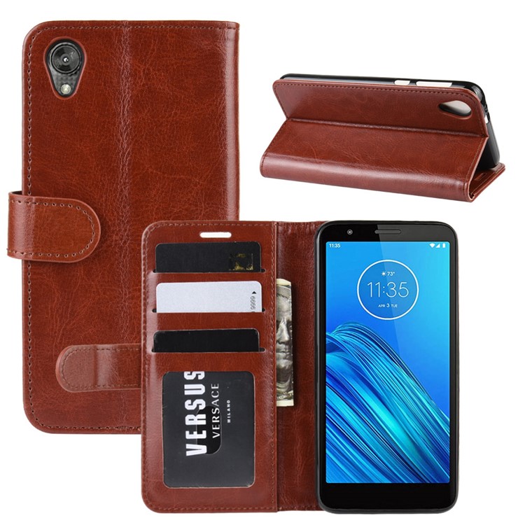 Crazy Horse Leather Wallet Case for Motorola Moto E6 - Brown-2