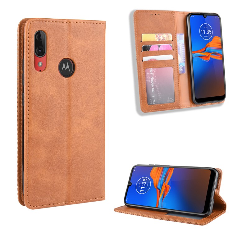 Retro Style Flip Leather Wallet Stand Protective Case for Motorola Moto E6 Plus/E6s (2019)/E6s - Brown-1