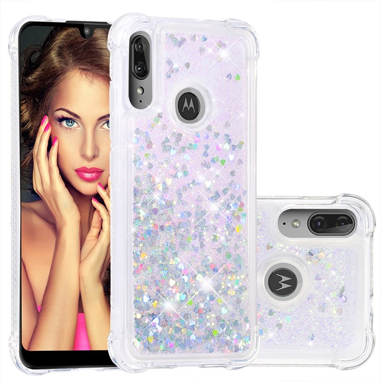 Dynamic Glitter Powder Heart Shaped Sequins TPU Shockproof Case for Motorola Moto E6 Plus/E6s - Silver/Heart-1