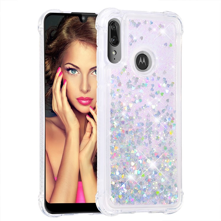 Dynamic Glitter Powder Heart Shaped Sequins TPU Shockproof Case for Motorola Moto E6 Plus/E6s - Silver/Heart-3