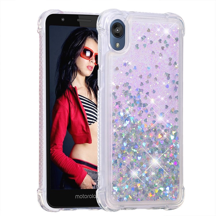 Dynamic Glitter Powder Heart Shaped Sequins TPU Shockproof Case for Motorola Moto E6 - Silver/Heart-3