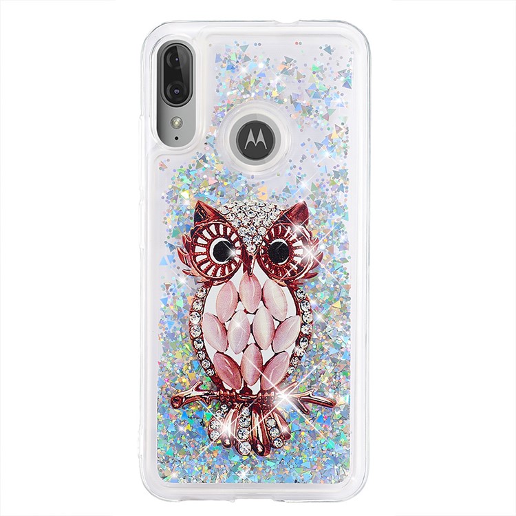 Pattern Printing Quicksand Dynamic Glittery Sequins TPU Shell for Motorola Moto E6 Plus/E6s - Silver/Owl-2