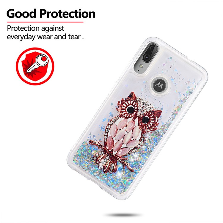 Pattern Printing Quicksand Dynamic Glittery Sequins TPU Shell for Motorola Moto E6 Plus/E6s - Silver/Owl-4