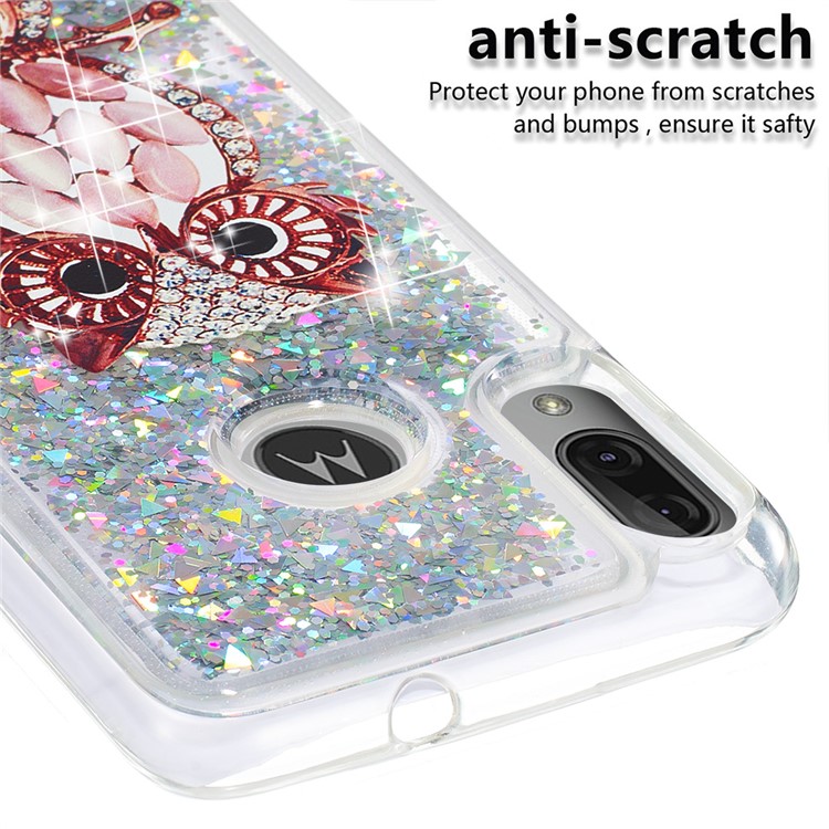 Pattern Printing Quicksand Dynamic Glittery Sequins TPU Shell for Motorola Moto E6 Plus/E6s - Silver/Owl-5