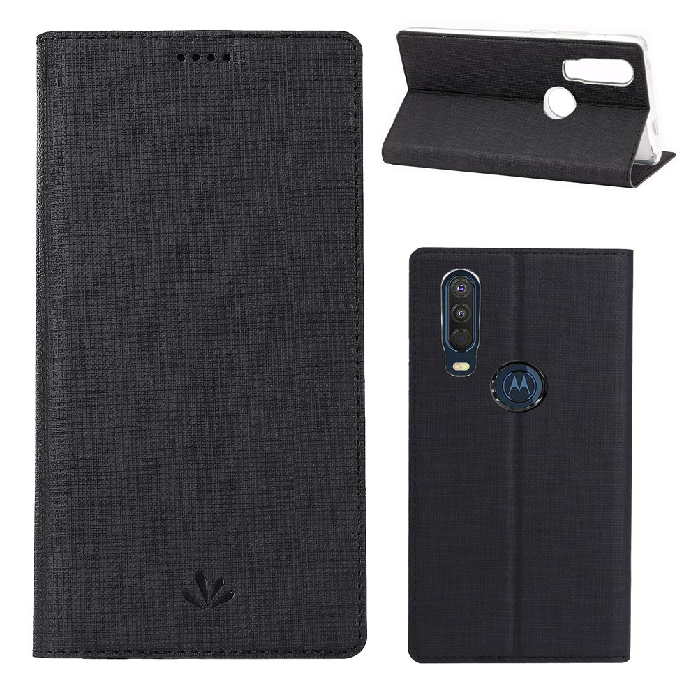 For Motorola One Action VILI DMX Cross Style Leather Stand Shell - Black-1