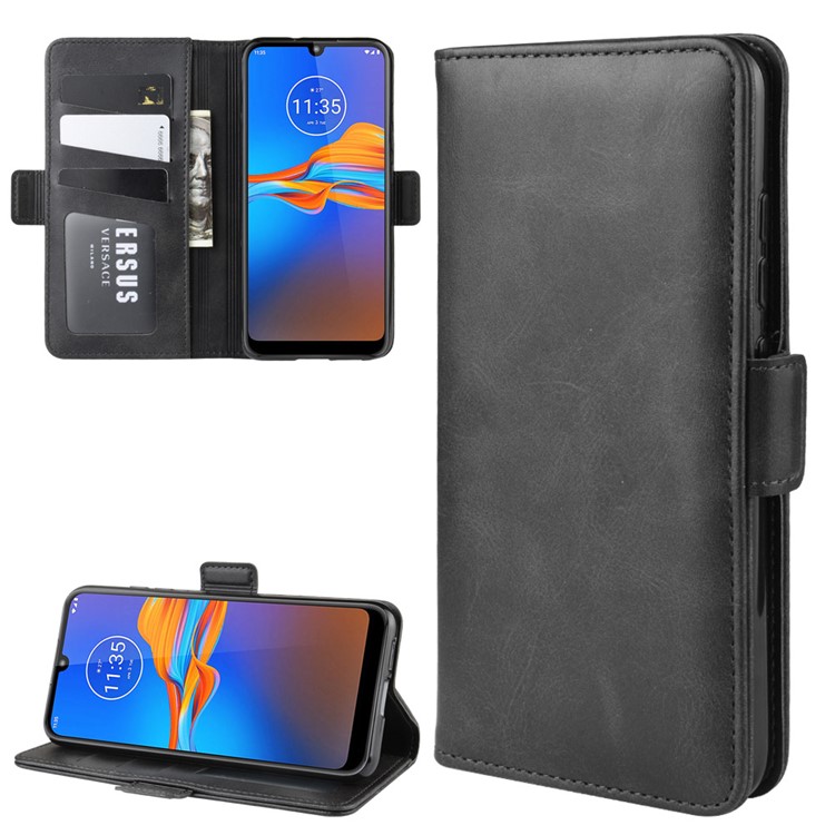 Leather Wallet Stand Phone Casing for Motorola Moto E6 Plus - Black-1
