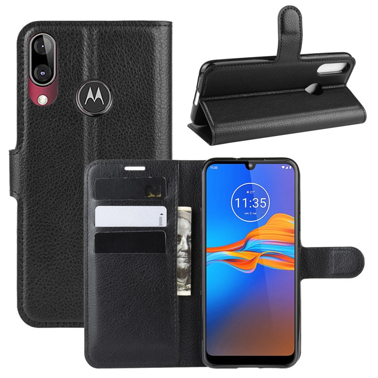 Litchi Grain Wallet Leather Phone Shell for Motorola Moto E6 Plus - Black-1