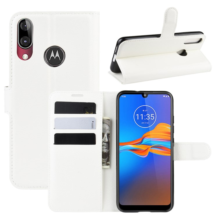 Litchi Grain Wallet Leather Phone Shell for Motorola Moto E6 Plus/E6s (2019) - White-1