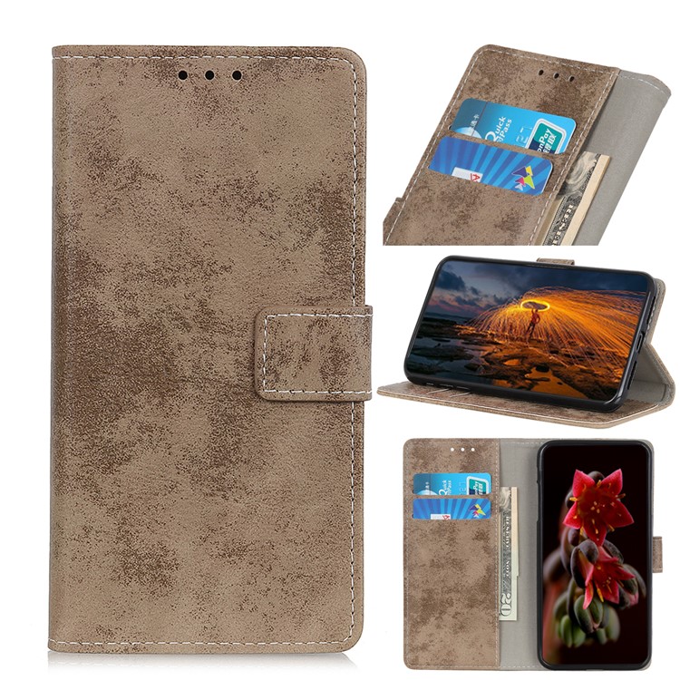 Vintage Style Leather Wallet Protection Phone Casing for Motorola One Macro - Khaki-1