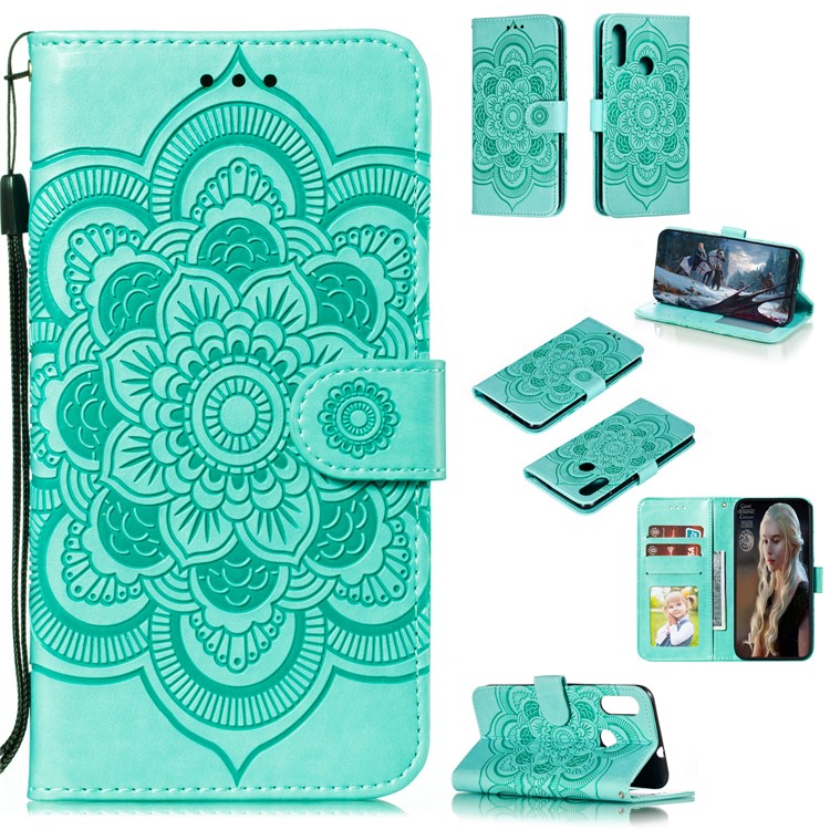 Imprint Mandala Flower Stand Leather Wallet Case for Motorola Moto E6 Plus - Cyan-1