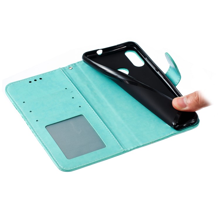Imprint Mandala Flower Stand Leather Wallet Case for Motorola Moto E6 Plus - Cyan-10