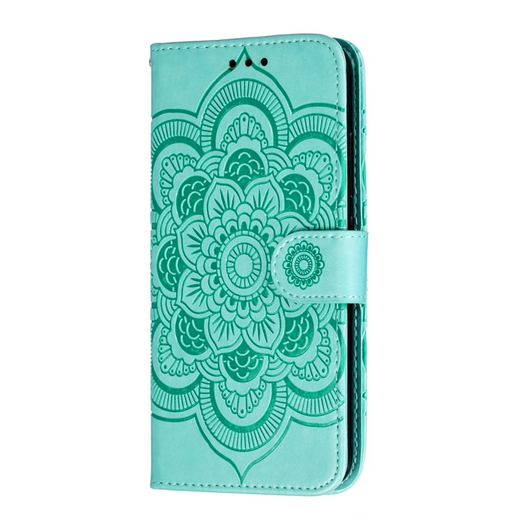 Imprint Mandala Flower Stand Leather Wallet Case for Motorola Moto E6 Plus - Cyan-3