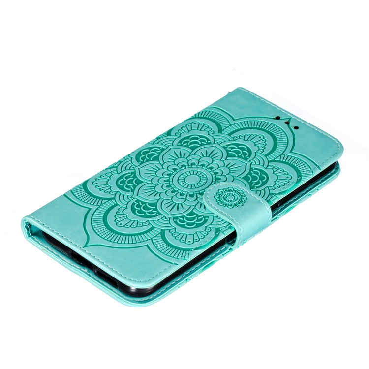 Imprint Mandala Flower Stand Leather Wallet Case for Motorola Moto E6 Plus - Cyan-5