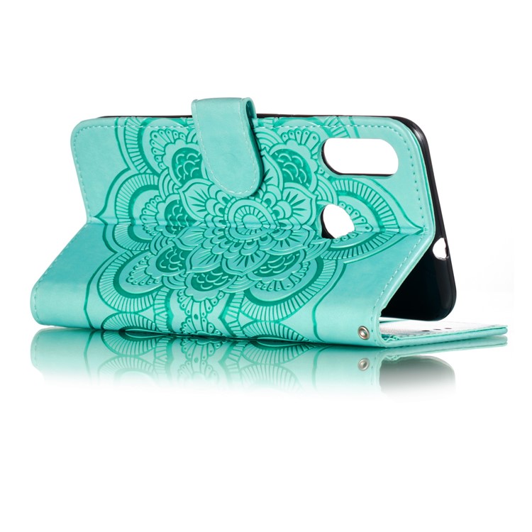 Imprint Mandala Flower Stand Leather Wallet Case for Motorola Moto E6 Plus - Cyan-7