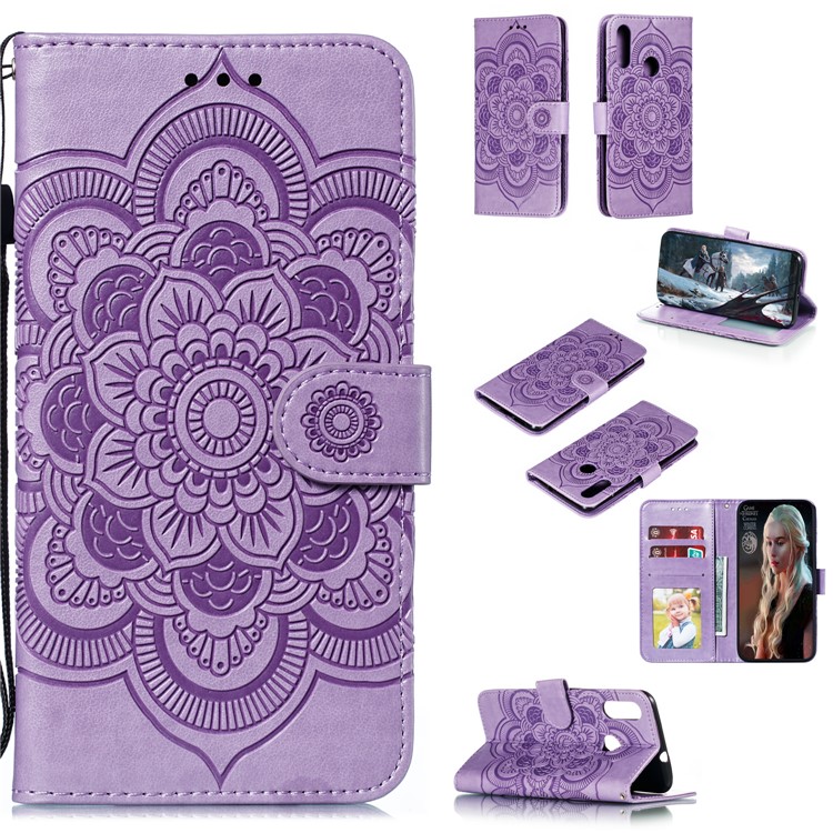 Imprint Mandala Flower Stand Leather Wallet Case for Motorola Moto E6 Plus - Purple-1