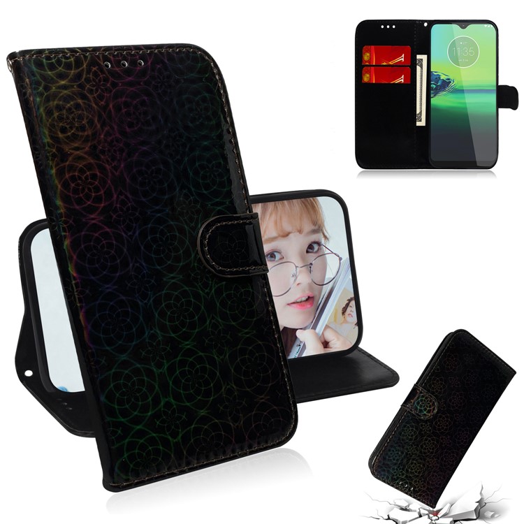 Dazzling Pure Color Leather Wallet Stand Cell Phone Case for Motorola Motorola Moto G8 Play/One Macro  - Black-1