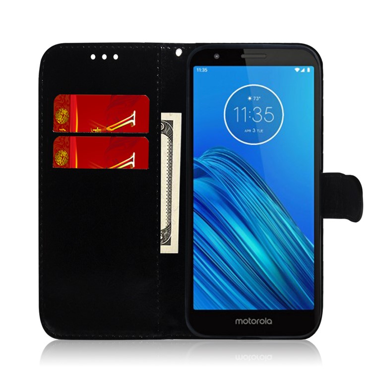 Pure Color Shiny Leather Wallet Stand Phone Shell with Strap for Motorola Moto E6 - Black-8