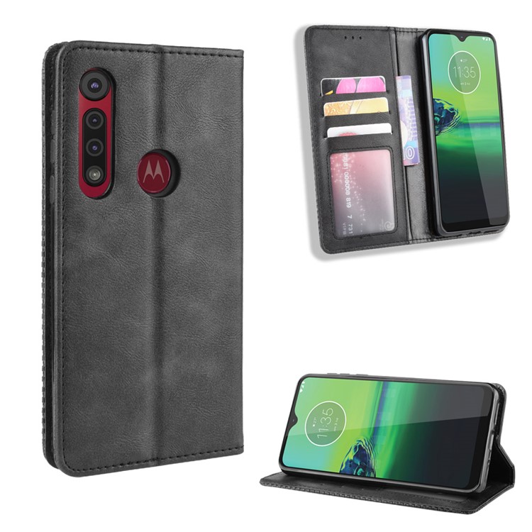 Vintage Style Stand Leather Wallet Stand Case for Motorola One Macro / Moto G8 Play - Black-1