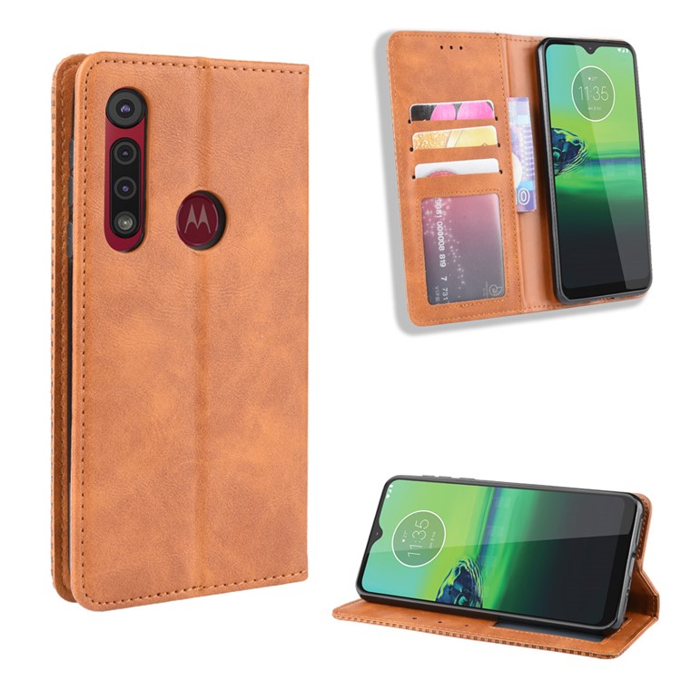 Vintage Style Stand Leather Wallet Stand Case for Motorola One Macro / Moto G8 Play - Brown-1